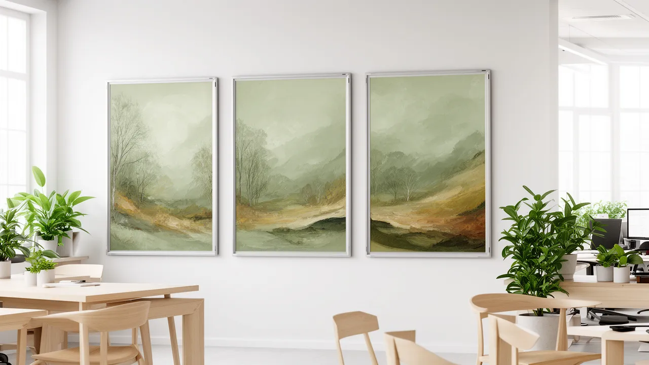 AI-genererad konst i moderna magnetramar på ett skandinaviskt kontor
